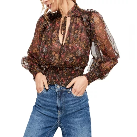 NWOT Free People Twyla Smocked Floral Mesh Top, Size Petite Small - Picture 1 of 14